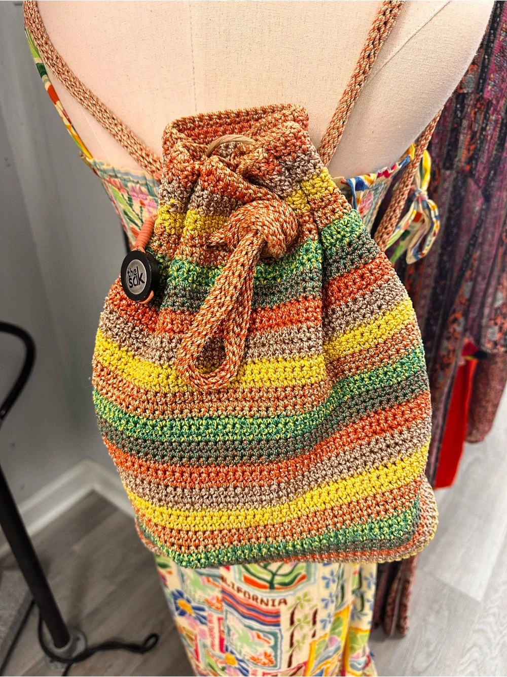 The Sak Crochet Striped Drawstring Bucket Bag Crossbody Boho